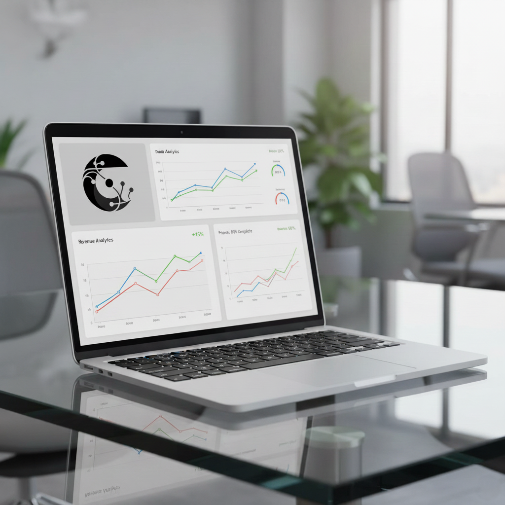 Interface moderne d'un site web avec graphiques et données analytiques représentant les solutions digitales SynaCorp